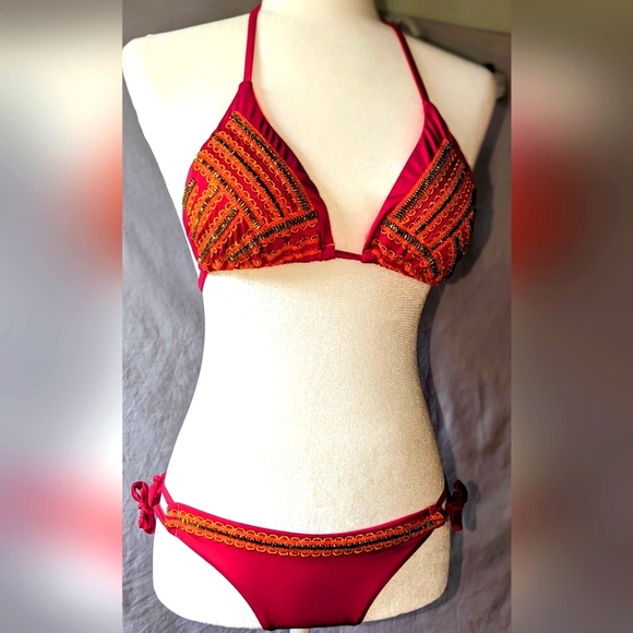Handmade Columbian Beaded and Embroidered  bikini. Maroon/Red. Sz. M. New - Picture 4 of 7